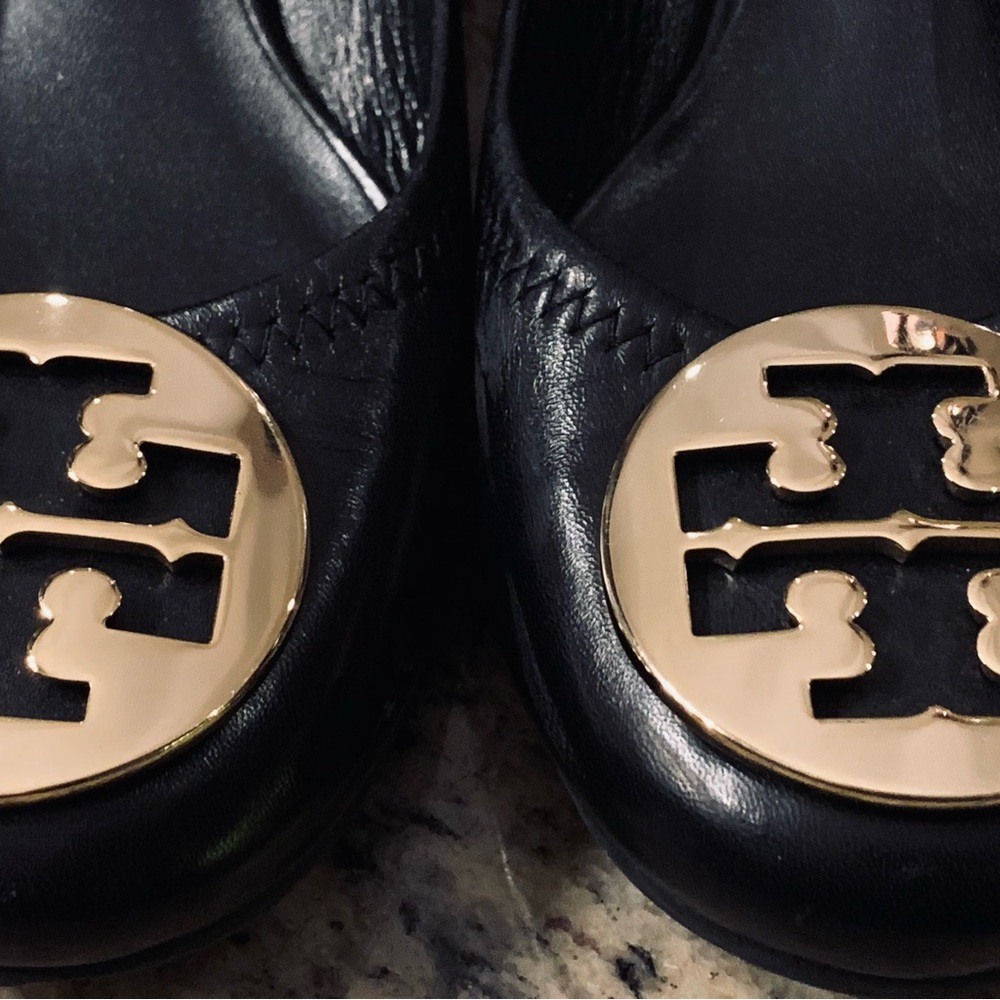 Tory Burch Black Leather 4 Inch Heels with Gold Emblem